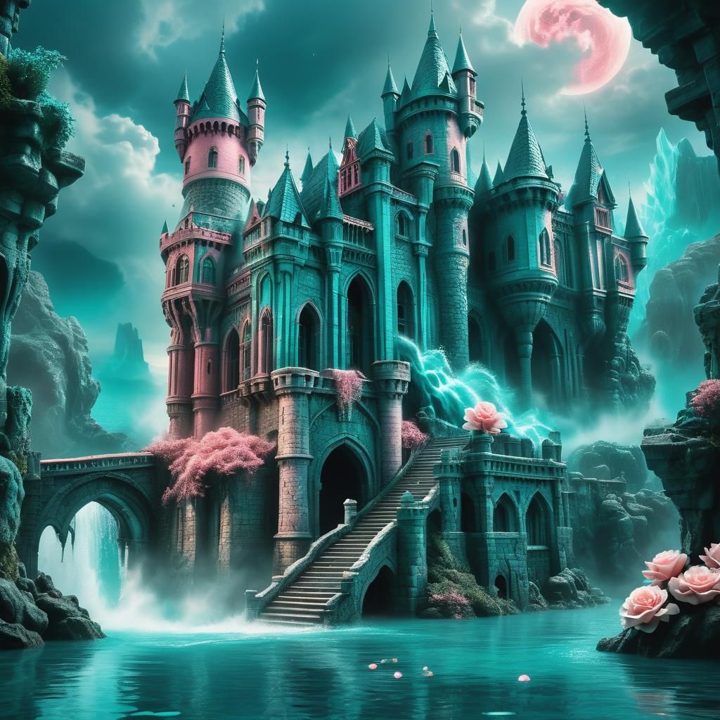 Mystical Teal and Rose Castle with Water Monster