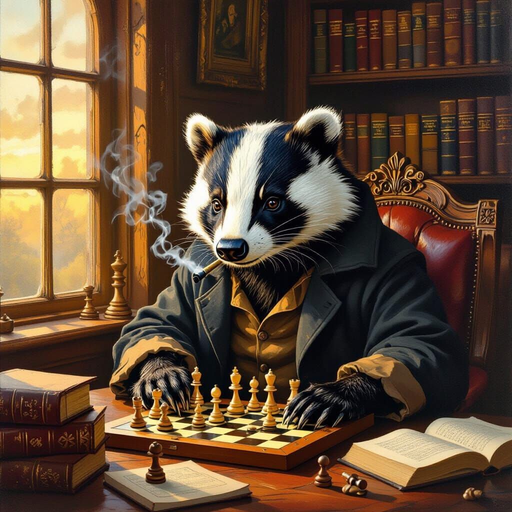 Detailed oil painting. Close up. An anthropomorphic badger i...