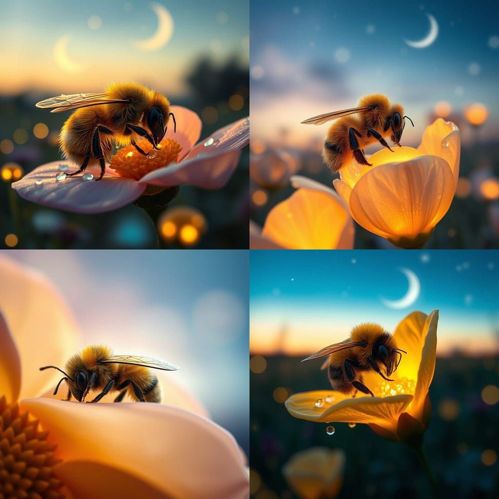 Bumblebee Glistening Under Twilight Sky: Surreal Macro Shot