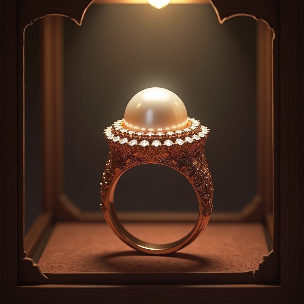Rose Gold Art Deco Pearl Ring with Diamond Halo