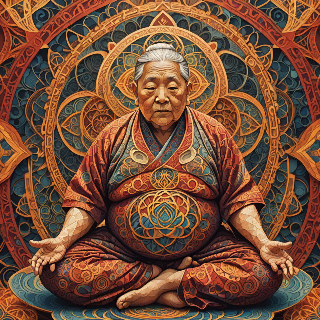 Lotus Position in Vibrant, M.C. Escher-Inspired Fractal Patt...