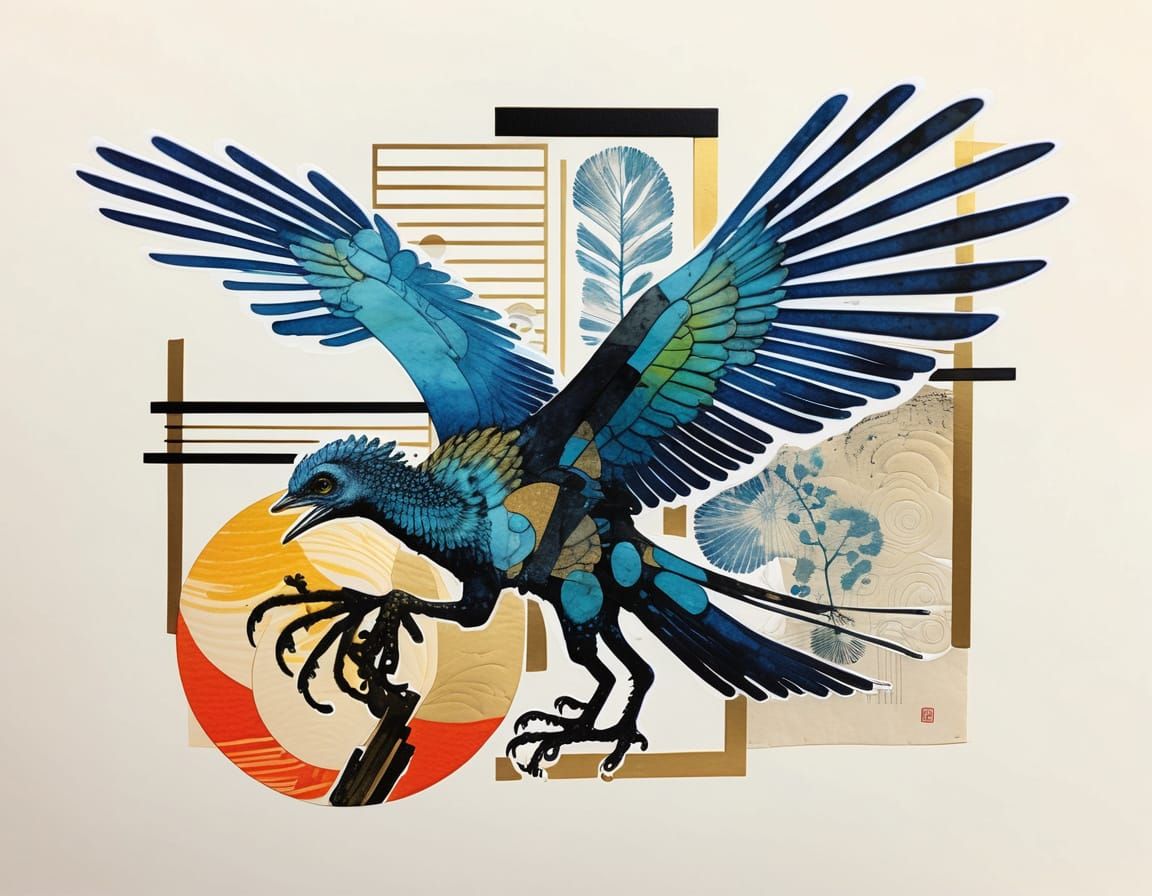 Abstract Archaeopteryx Collage in Ukiyo-e Style