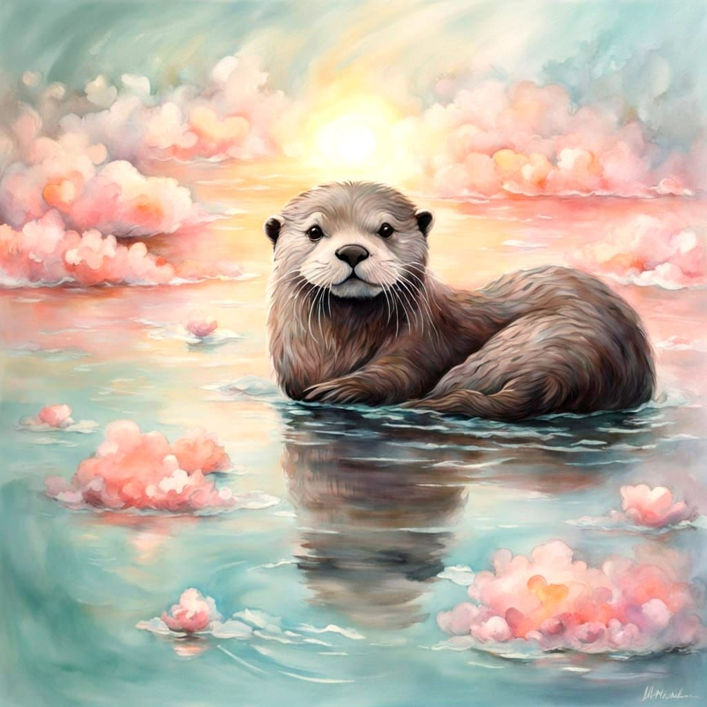 Pastel Whispers: Soft Otter Mother and Baby in Serene Waters...