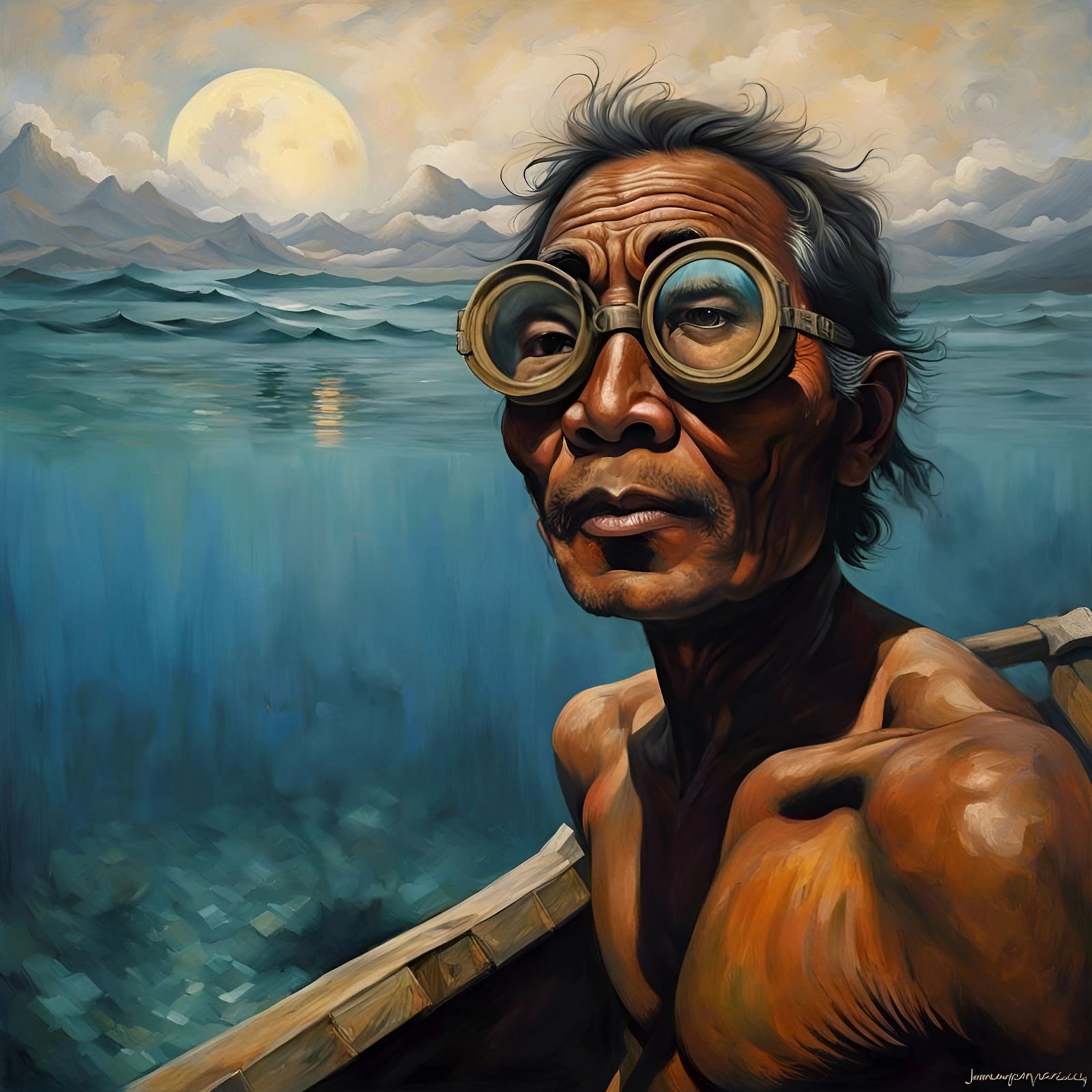 Sama-Bajau Diver's Night Dive, Oil Painting Style