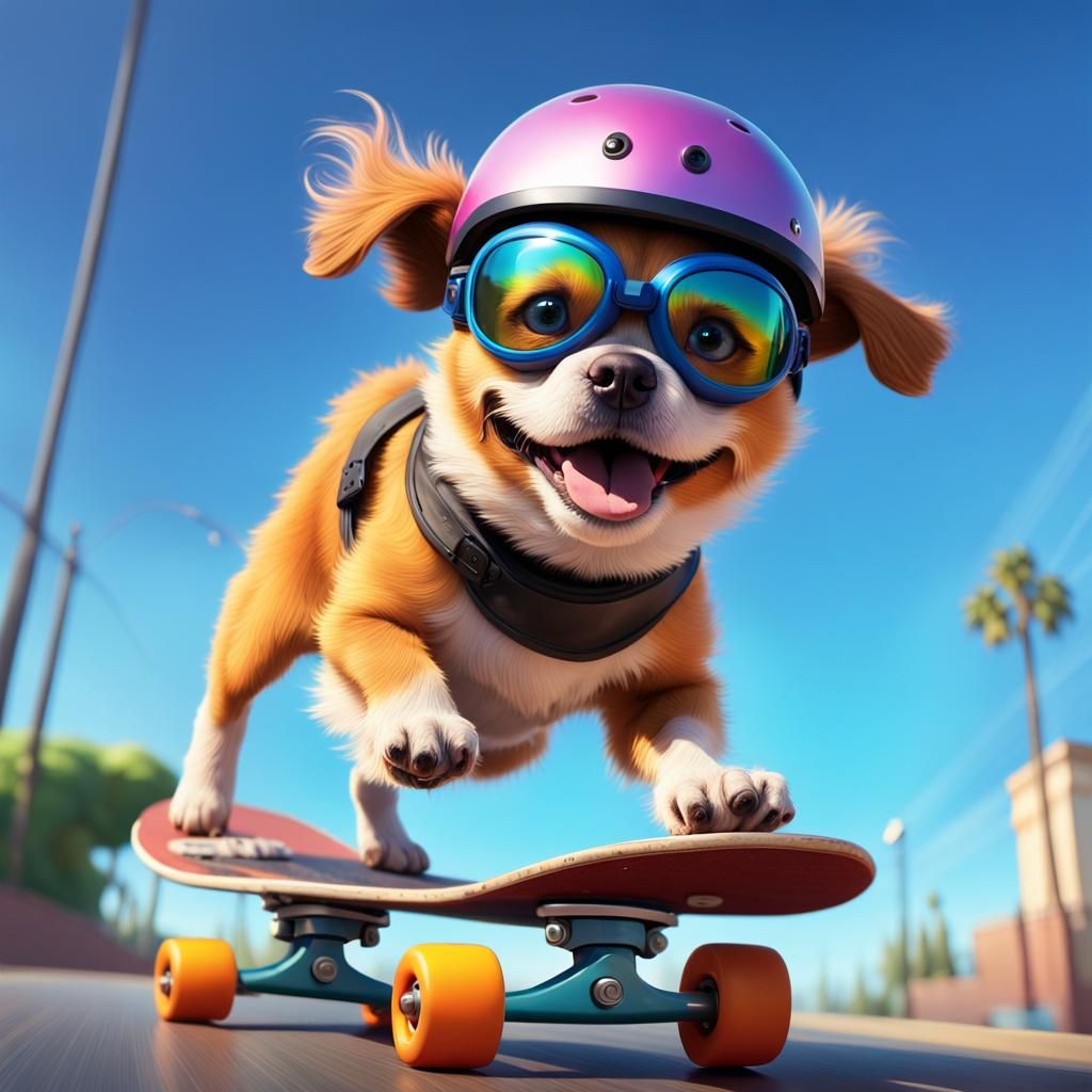 Dog Skateboarding in Pixar Style
