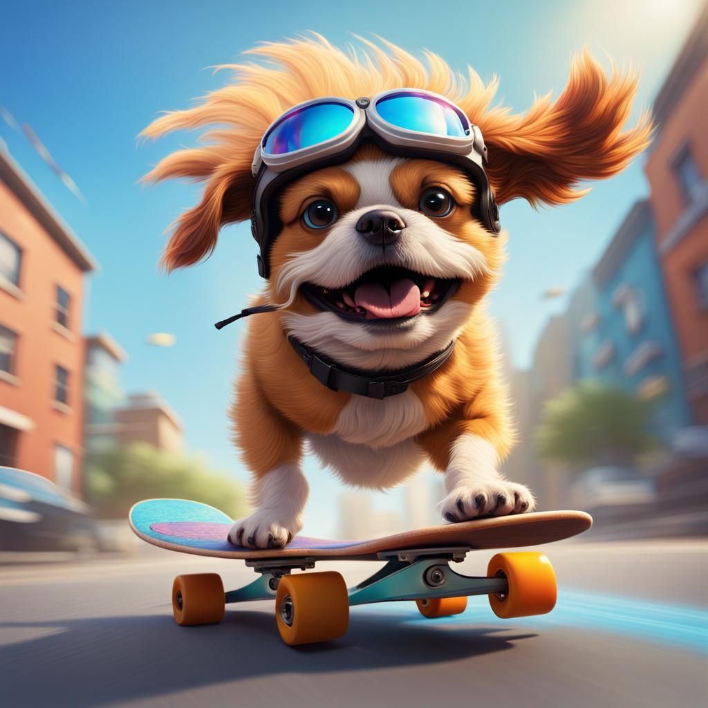 Dog Rides Skateboard in Pixar Style