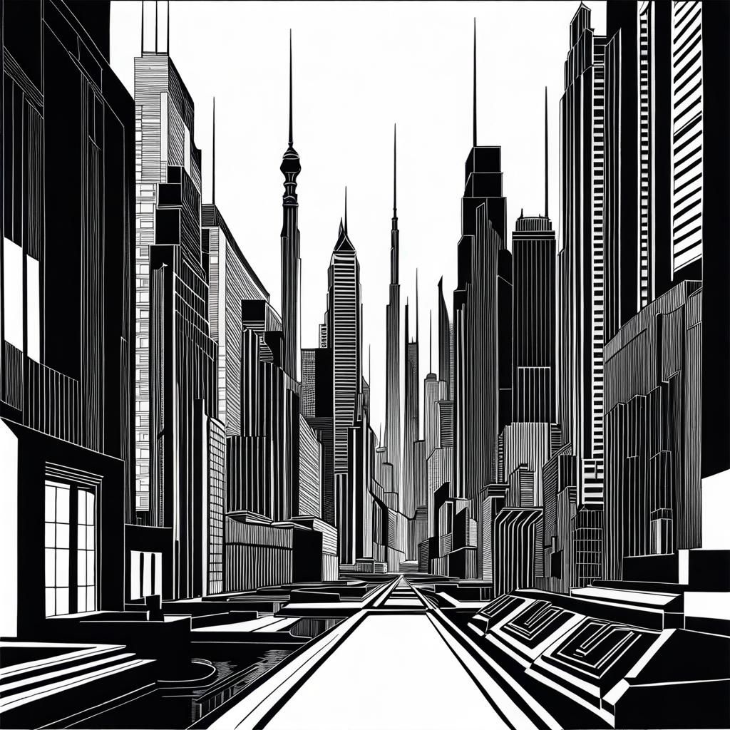 Art Deco Cityscape in Film Noir Line Art