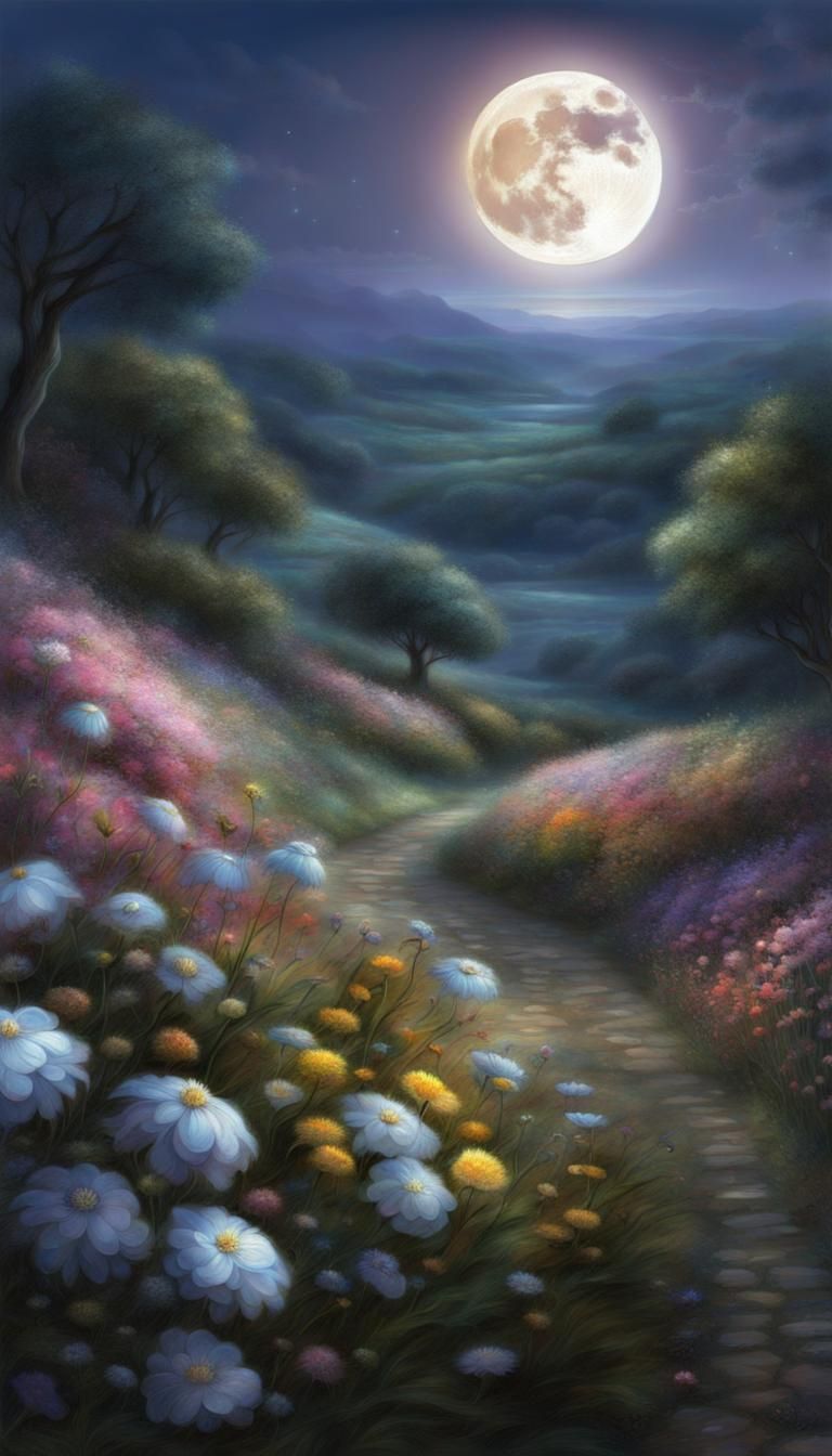 Iridescent Flowers Landscape Under Moonlight in Epic Fantasy...