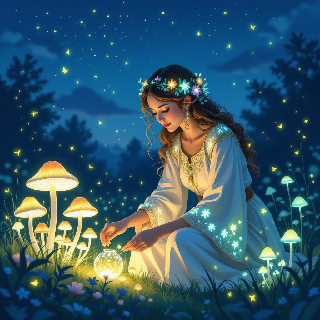 Cleric Tends Bioluminescent Mushroom Garden at Twilight