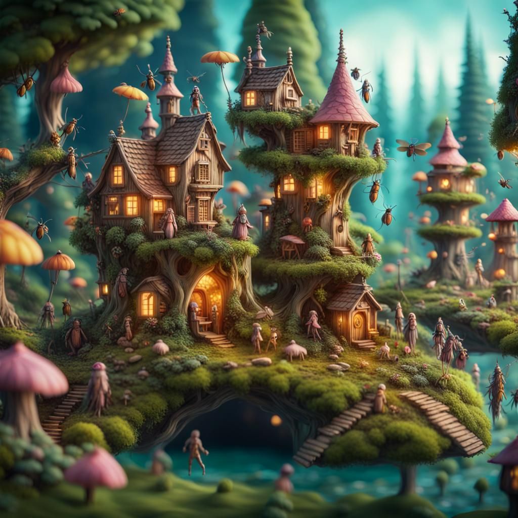 Detailed Fairy Village with Insect Riders