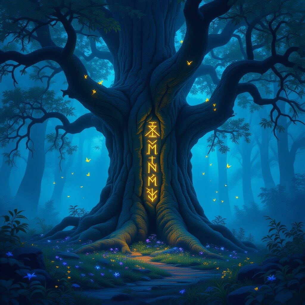 Ancient Tree With Glowing Runes in Mystical Forest Clearing