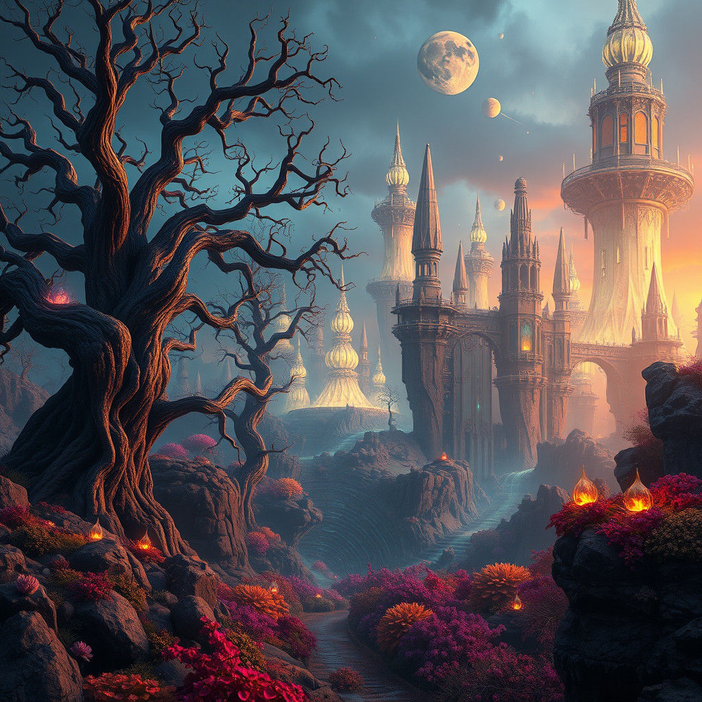 Mystical Landscape with Crystalline Structures in Matte Pain...