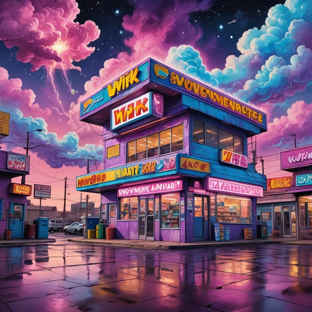 Cosmic Kwik E Mart in Surreal Illustration