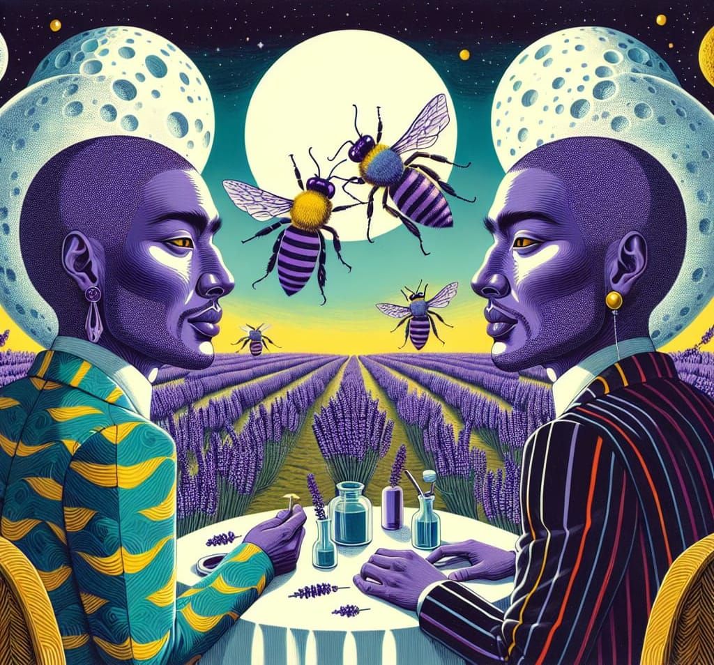 Surreal Lunar Meeting in Lavender Field as Woodart Print
