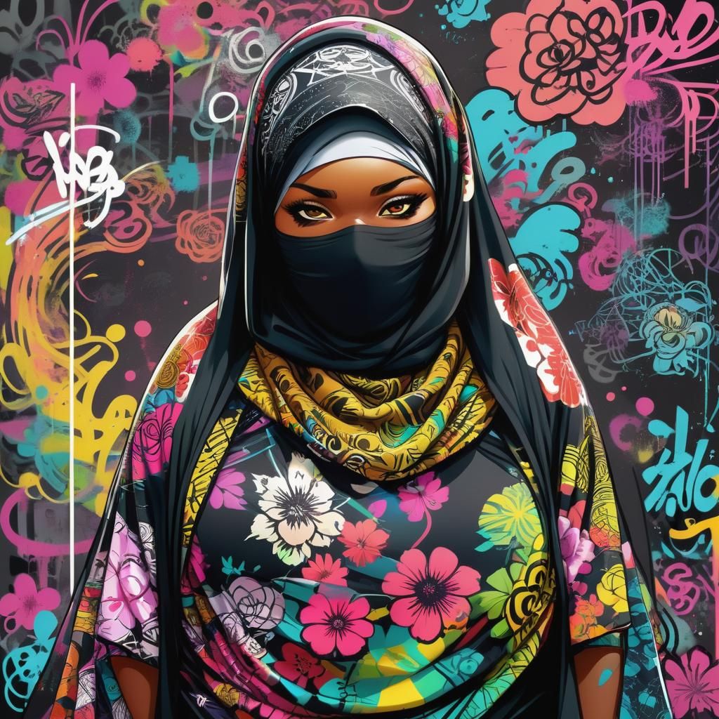 Plus-Size Woman in Niqab with Punk Goth Graffiti Style