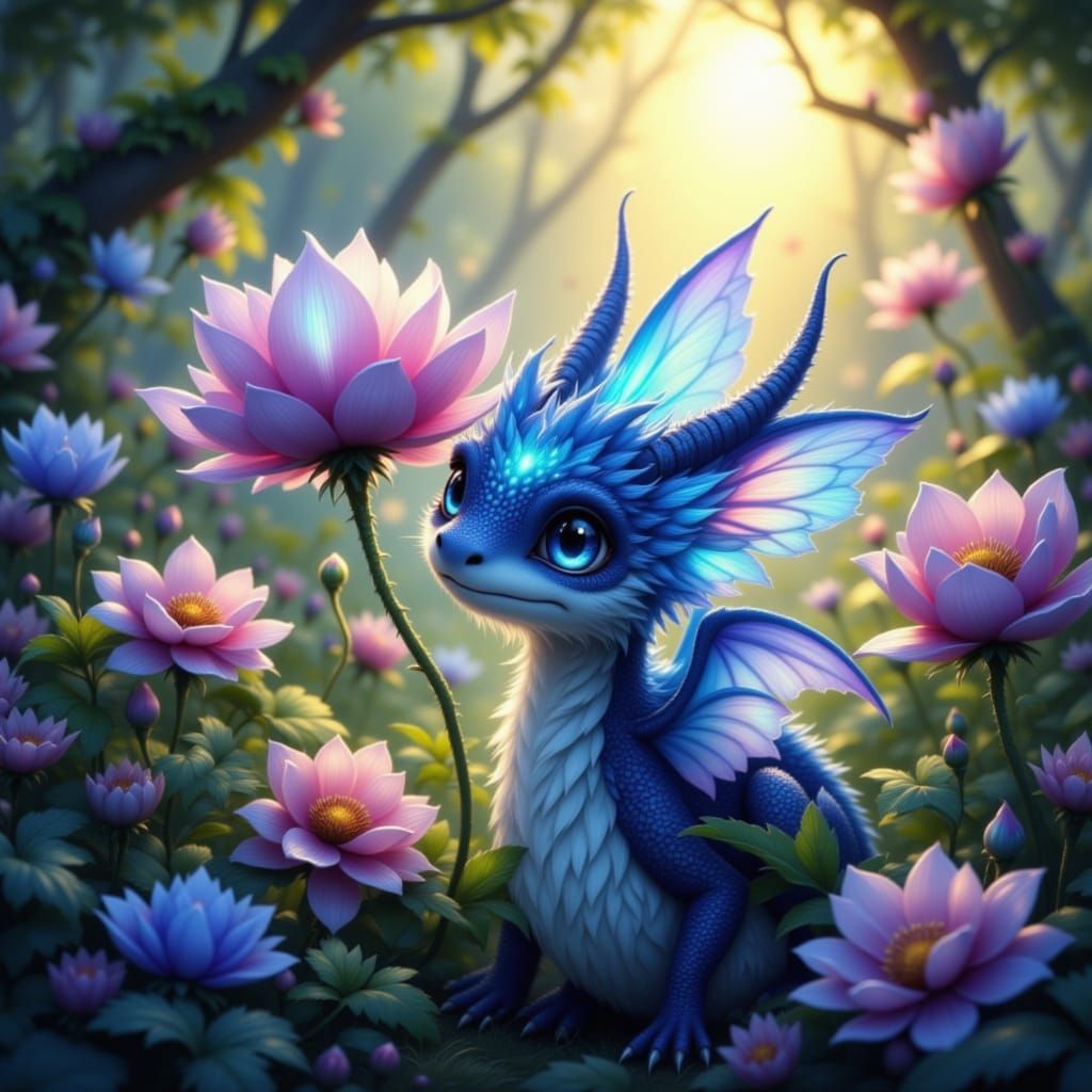 Fluffy Dragon with Bioluminescent Wings in Ethereal Garden