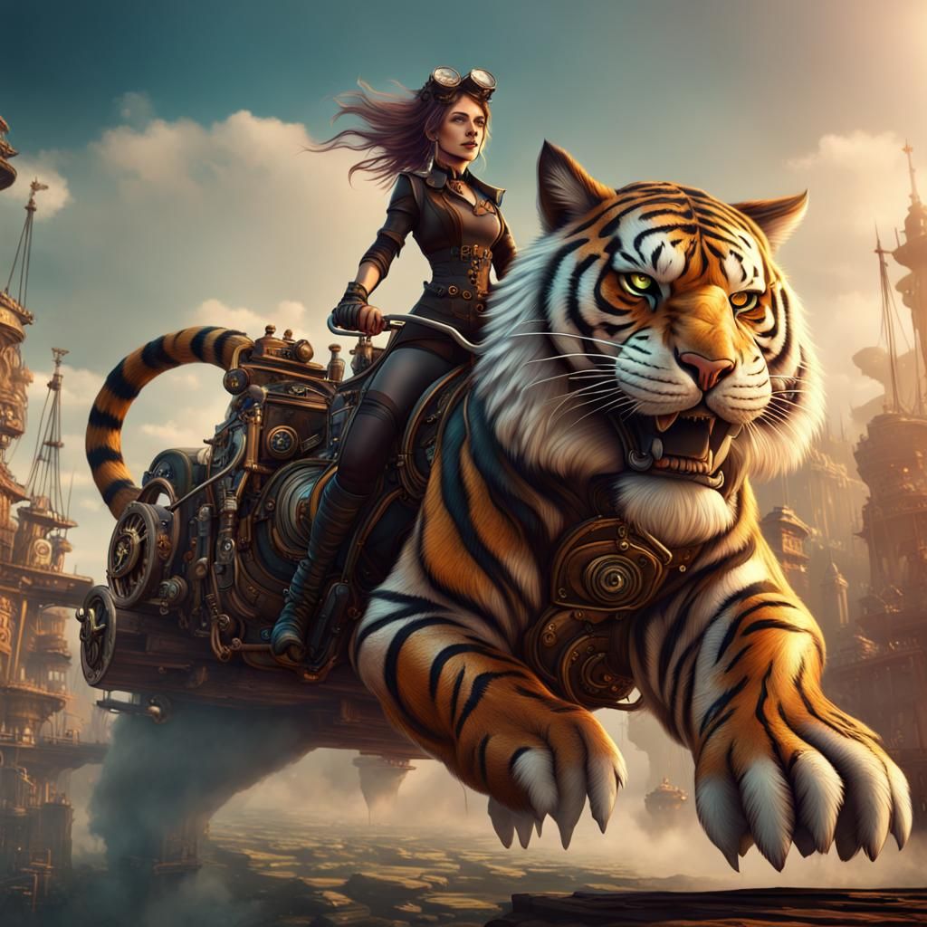 Steampunk Girl Riding a Tiger: Fantasy Concept Art