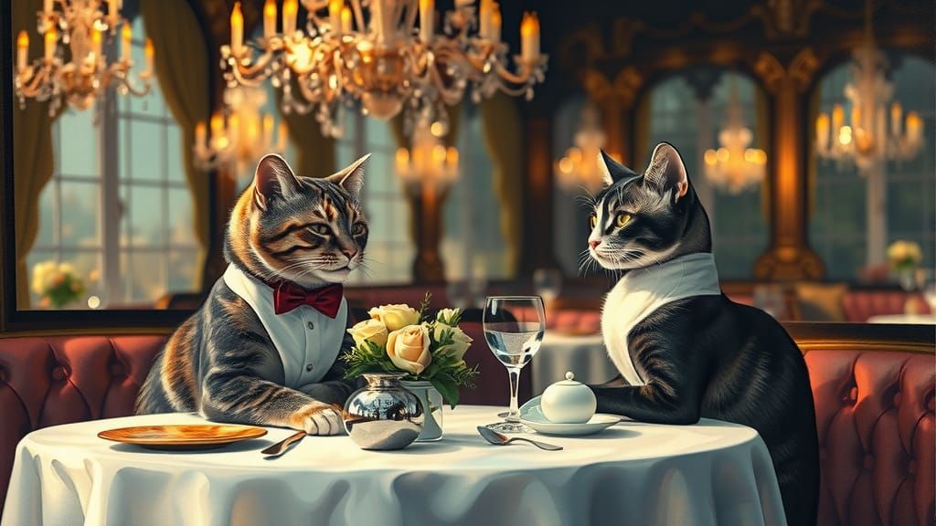 Two Cats on a date in a fancy restaurant.