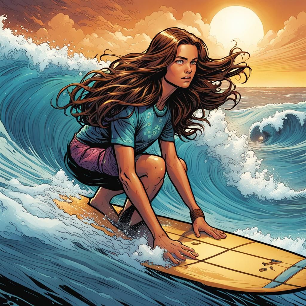 Girl Surfing in Hawaii: Comic Book Art Style