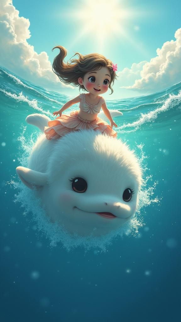 Sparkling Ocean: Girl on Whale in Anime Style