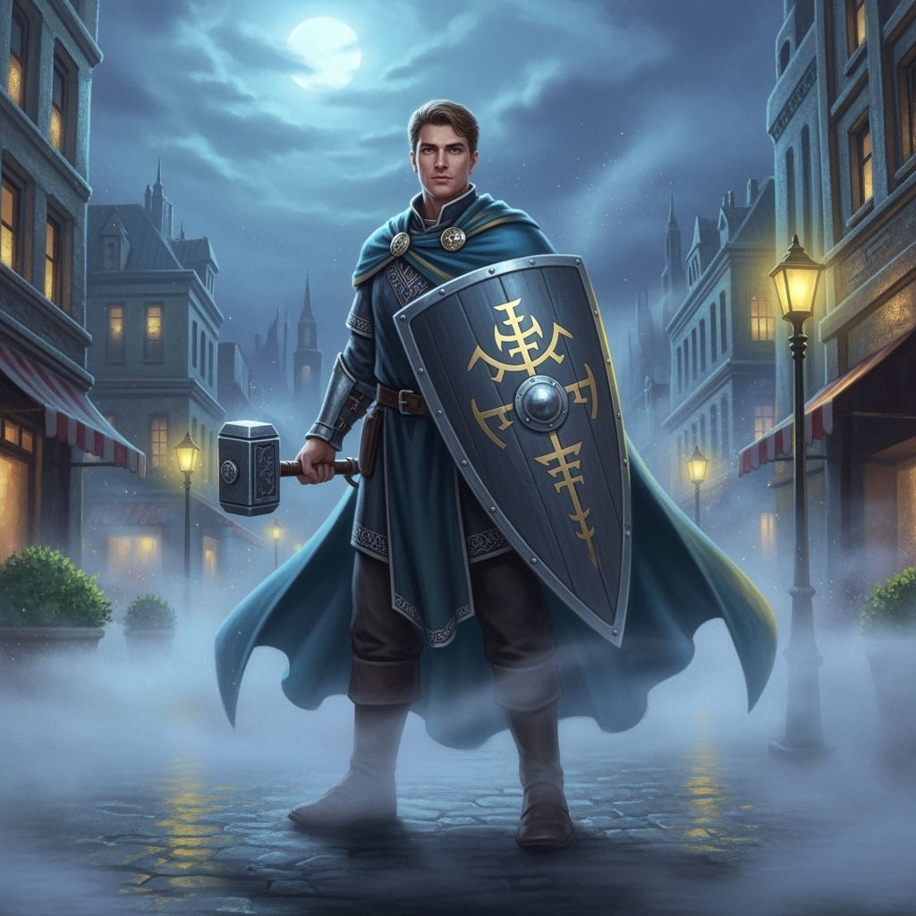 Twilight Cleric in Moonlit City with Hammer and Shield