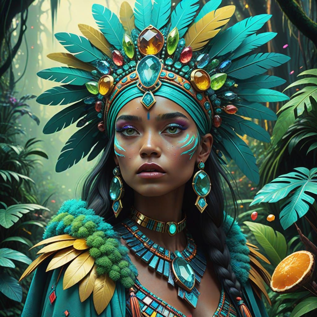 Amazonian Gemstone Warrior in Vibrant Headdress and Iridesce...