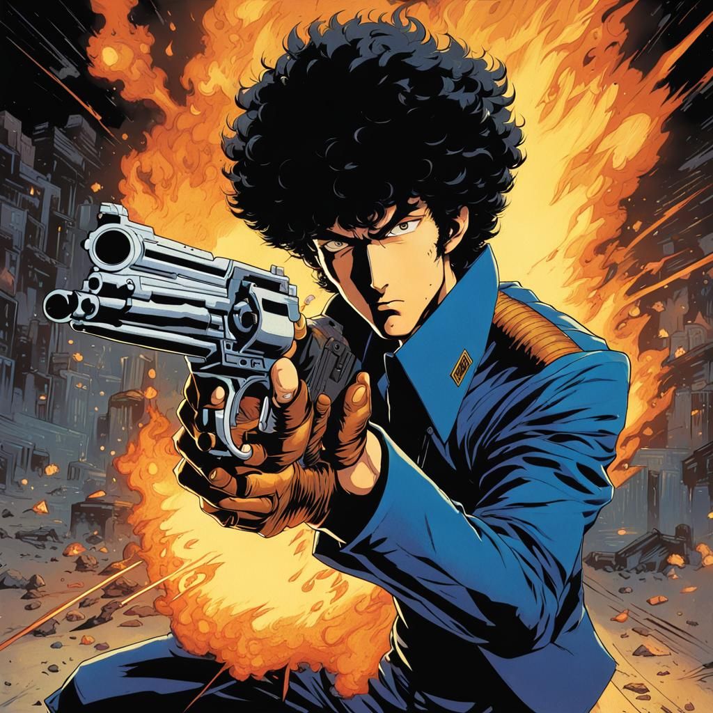 Spike Spiegel Poses with Gun in Comic Book Art