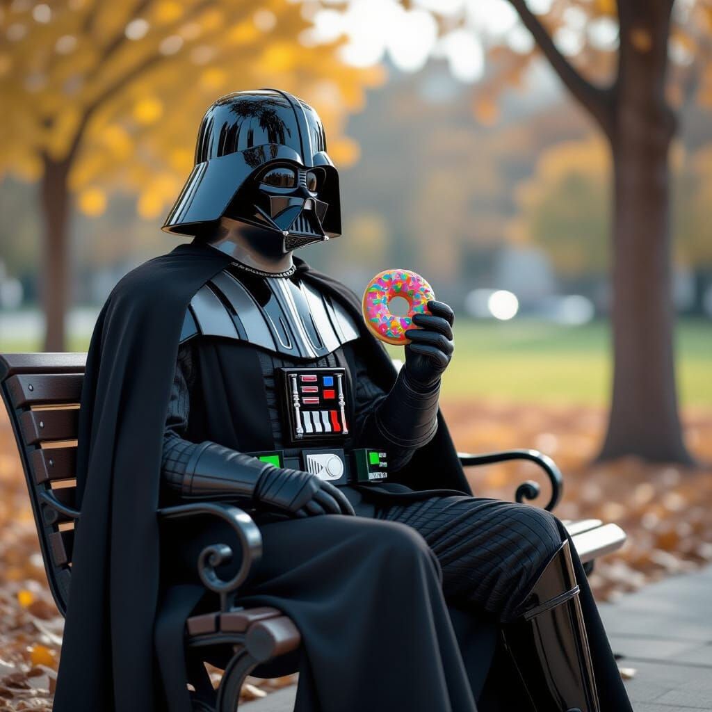 Darth Vader Enjoying a Donut in Futuristic Style