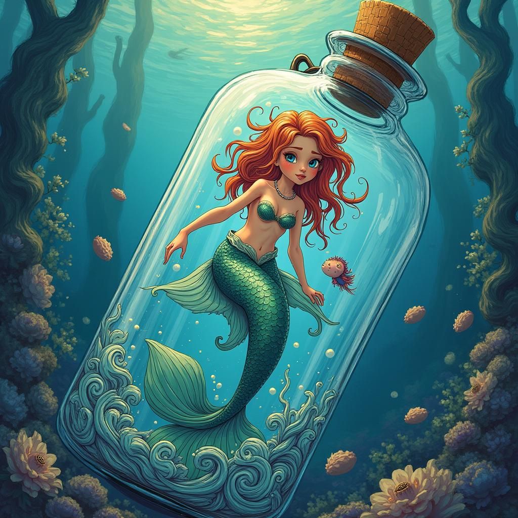 Mermaid in a Bottle, Doodle Style Fantasy Art