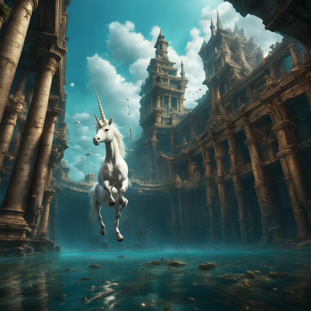 Unicorn Swimming in Lost Underwater City