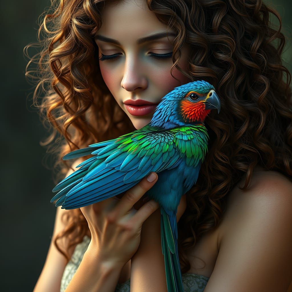 Woman and Iridescent Bird, Dreamlike Fantasy Art