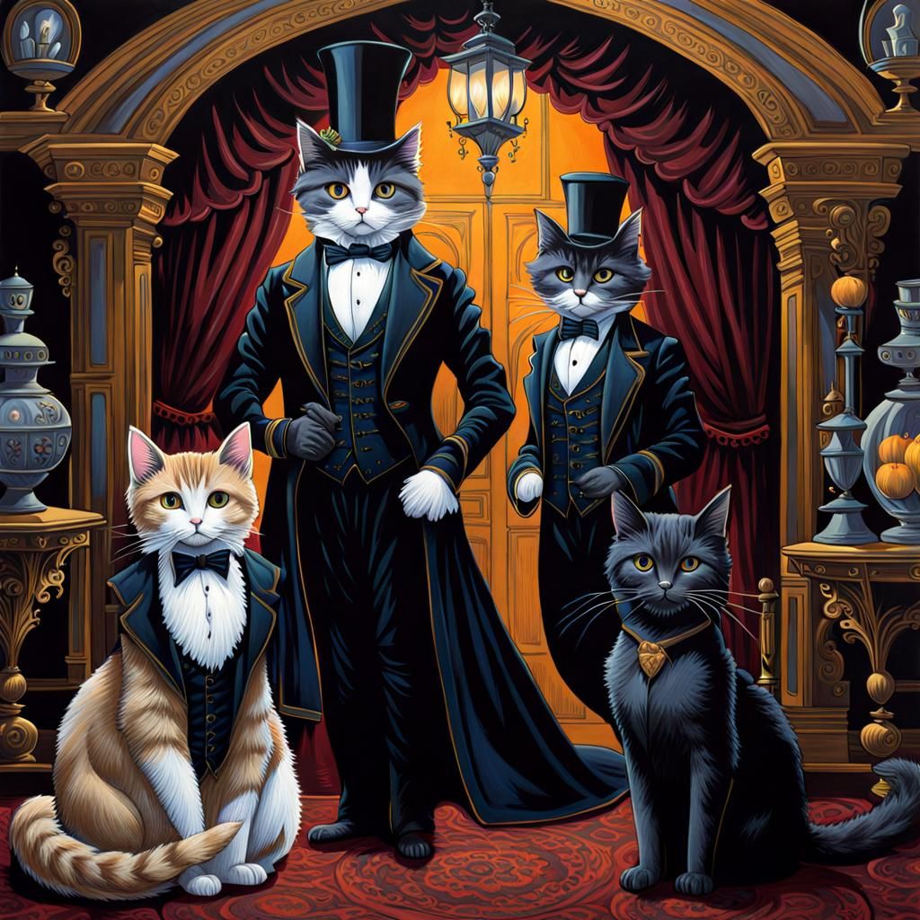 Spooky Victorian Cats in Fancy Dress, Gothic Concept Art