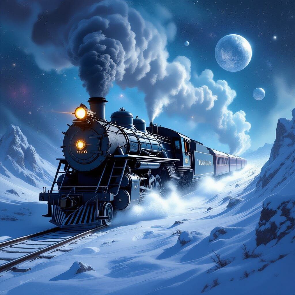 Majestic Obsidian Train Soars Through Winter Nebula