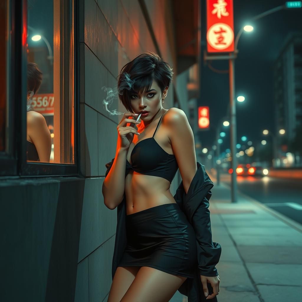 Hyperrealistic Woman with Shaved Head at Night