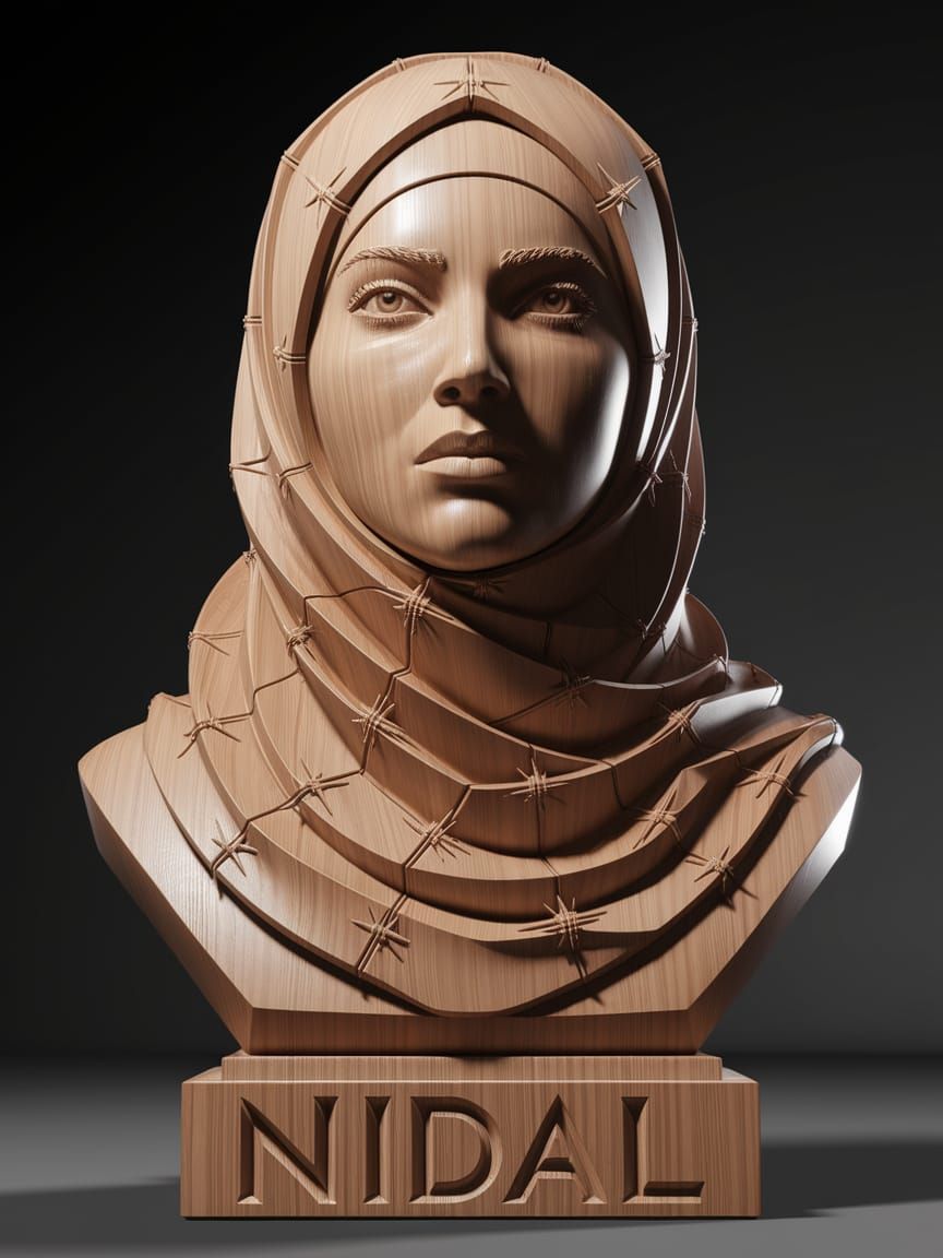 Olive Wood Bust: Serene Defiance of Palestinian Woman