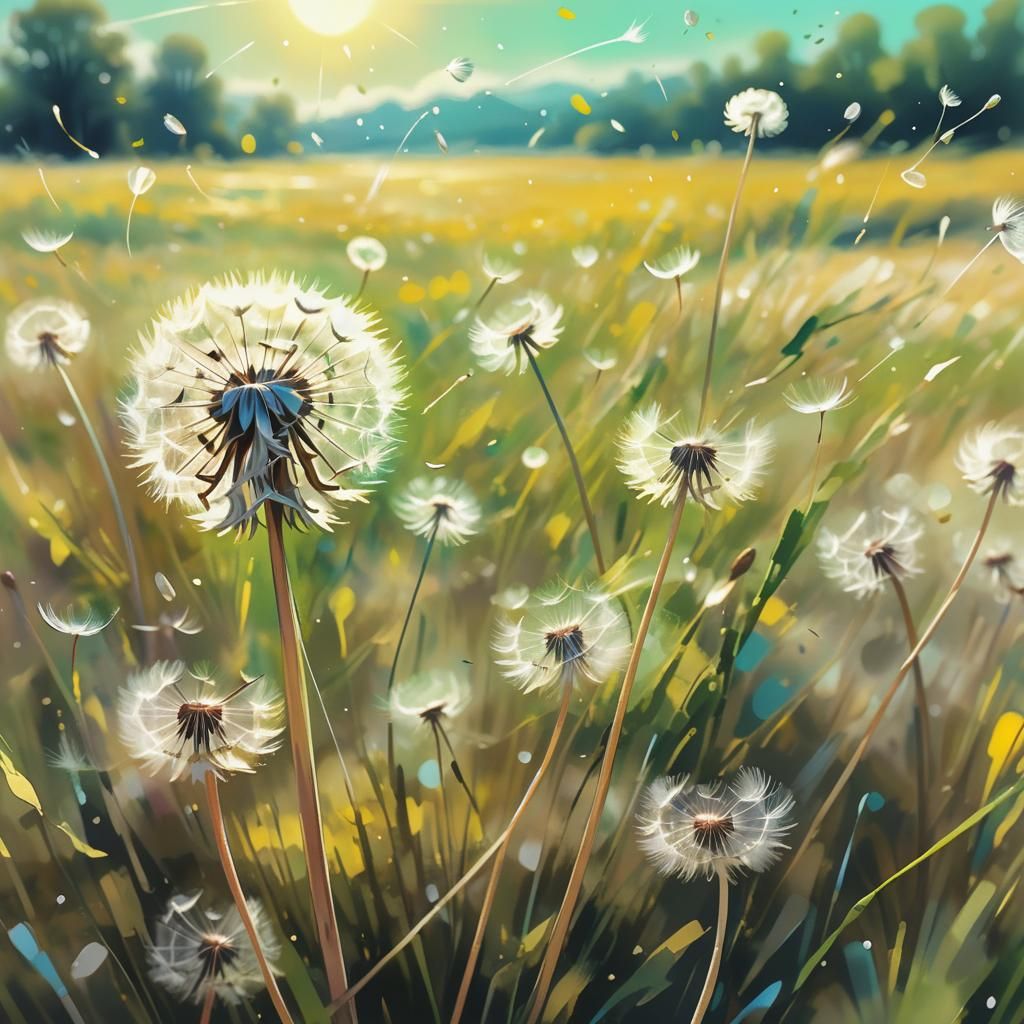 Dandelion Seeds in Sunny Field with Luminous Hues