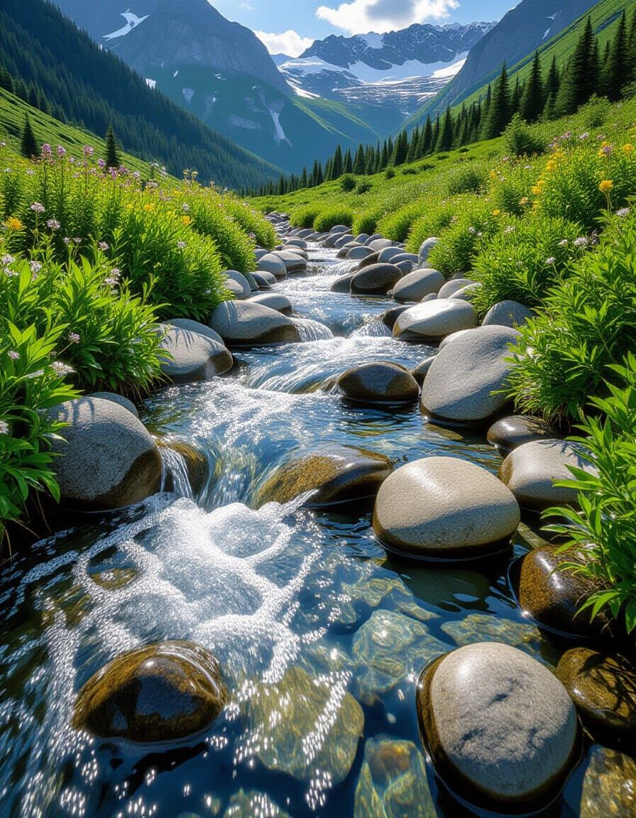 Alpine Stream with Smooth Stones and Rushing Water