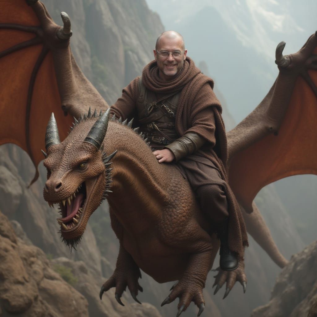 Wizard Flying Gargantuan Dragon, Smiling at Camera