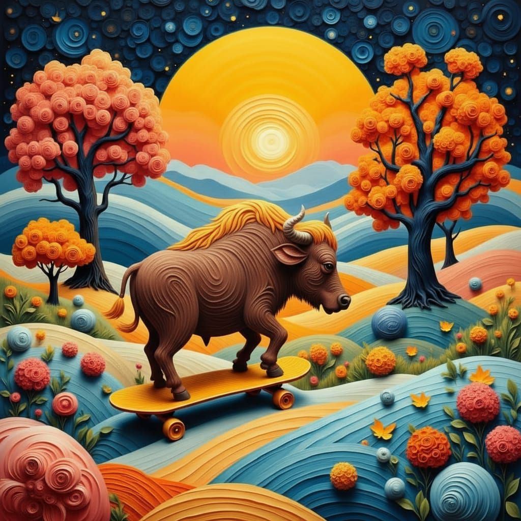 Water Buffalo Rides Skateboard in Cotton Candy Park