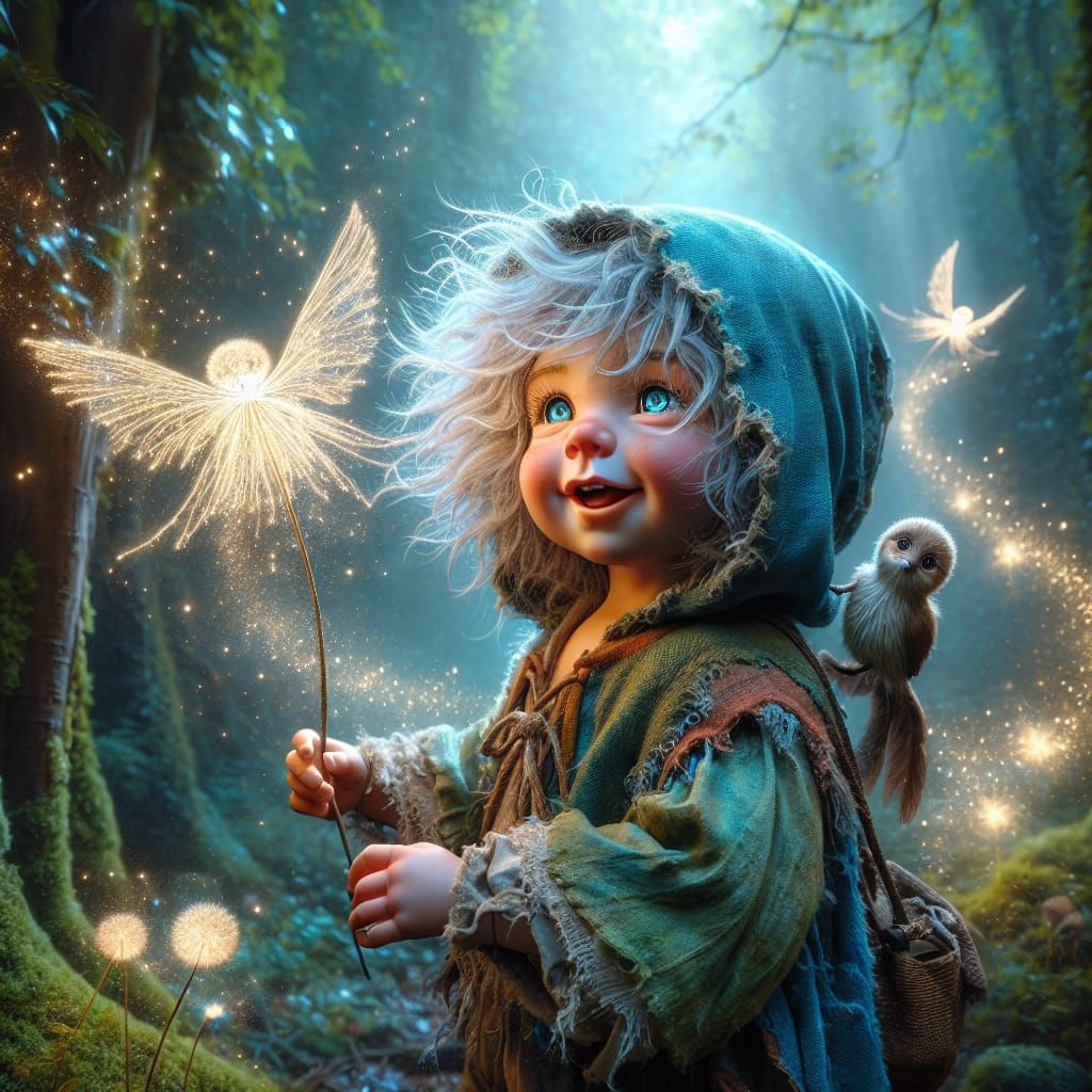 Joyful Toddler with Dandelion Hair in Enchanted Forest