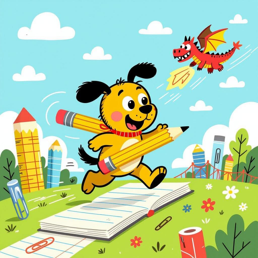 Pencil Dog in Notebook World: 2D Flat Illustration