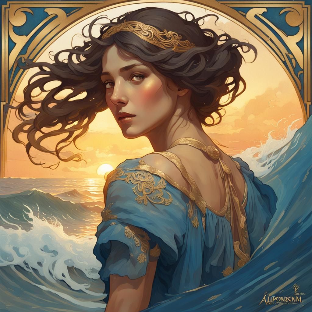 Brunette Woman Emerges from Ocean: Art Nouveau Portrait