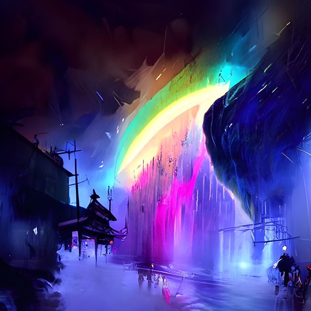 Rainbow Steampunk City in Rain, Fantasy Art