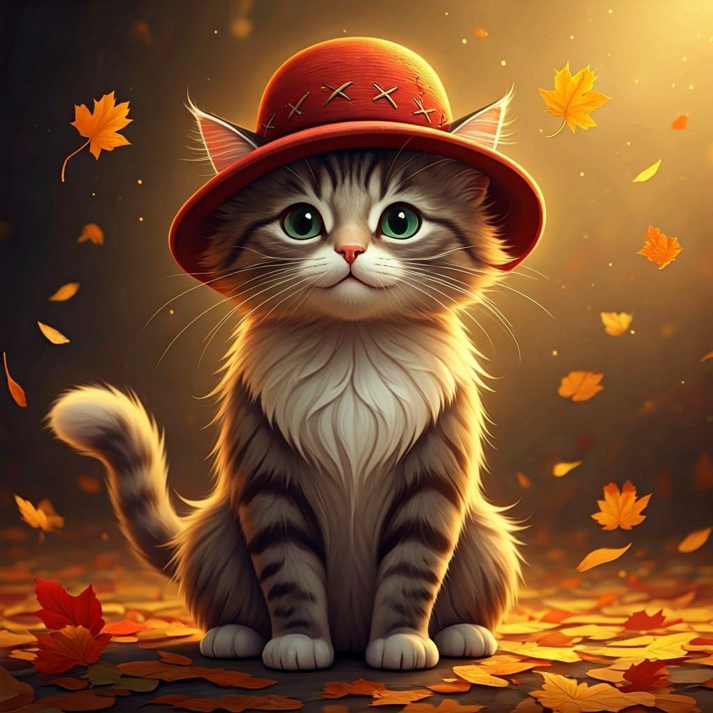 Autumnal Cat in Hat, Detailed Whimsical Illustration