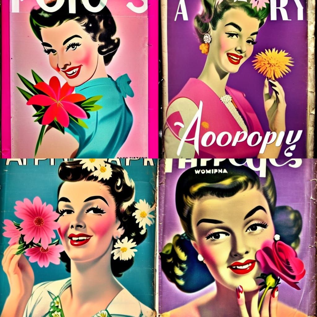 Happy Woman with Flowers, 50s Airbrush Style