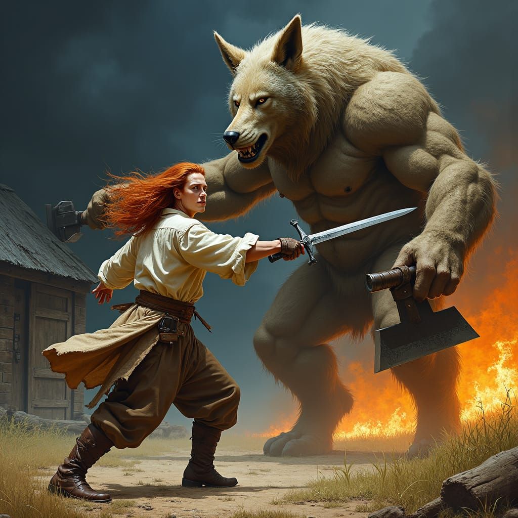 Warrior Battles Beast Under Burning Sky in Fantasy Art