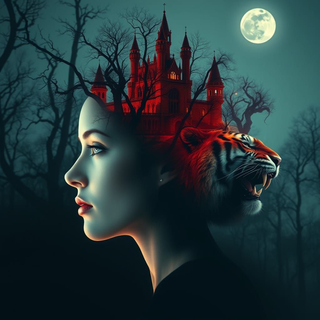 Ethereal Woman Profiled in Moonlit Forest with Crimson Palac...