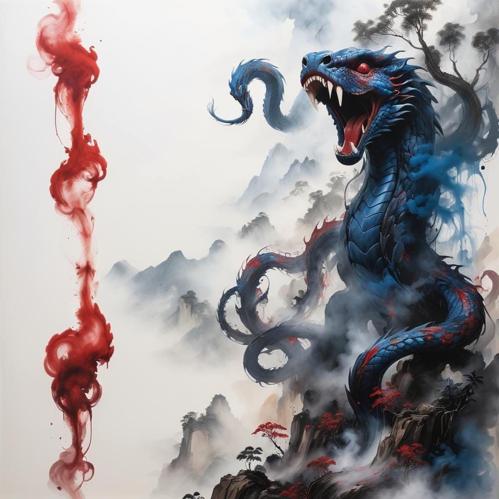 Mystical Cobra in Smoke Landscape: Digital Illustration