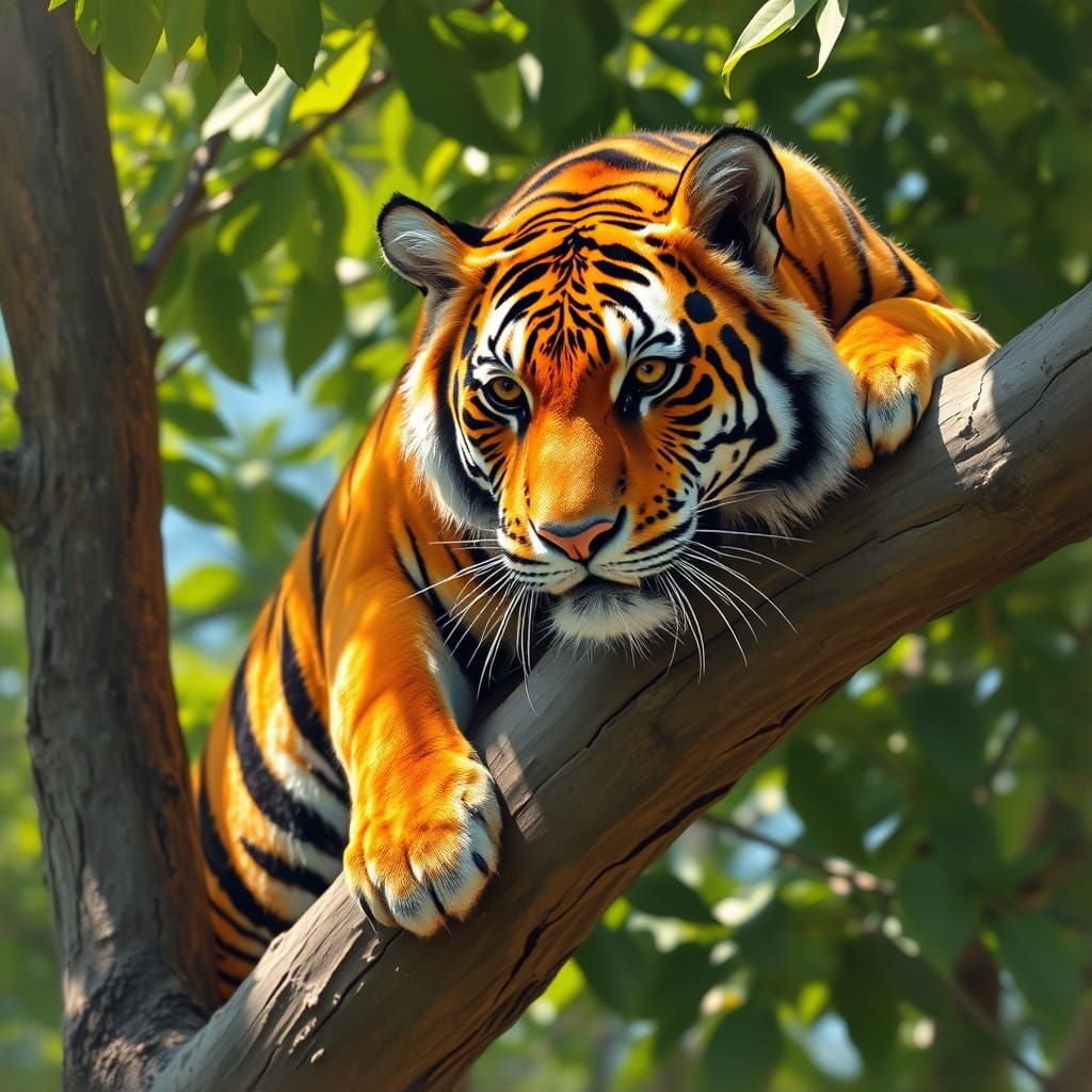 Tiger Perched on Tree Branch in Vibrant Wildlife Scene