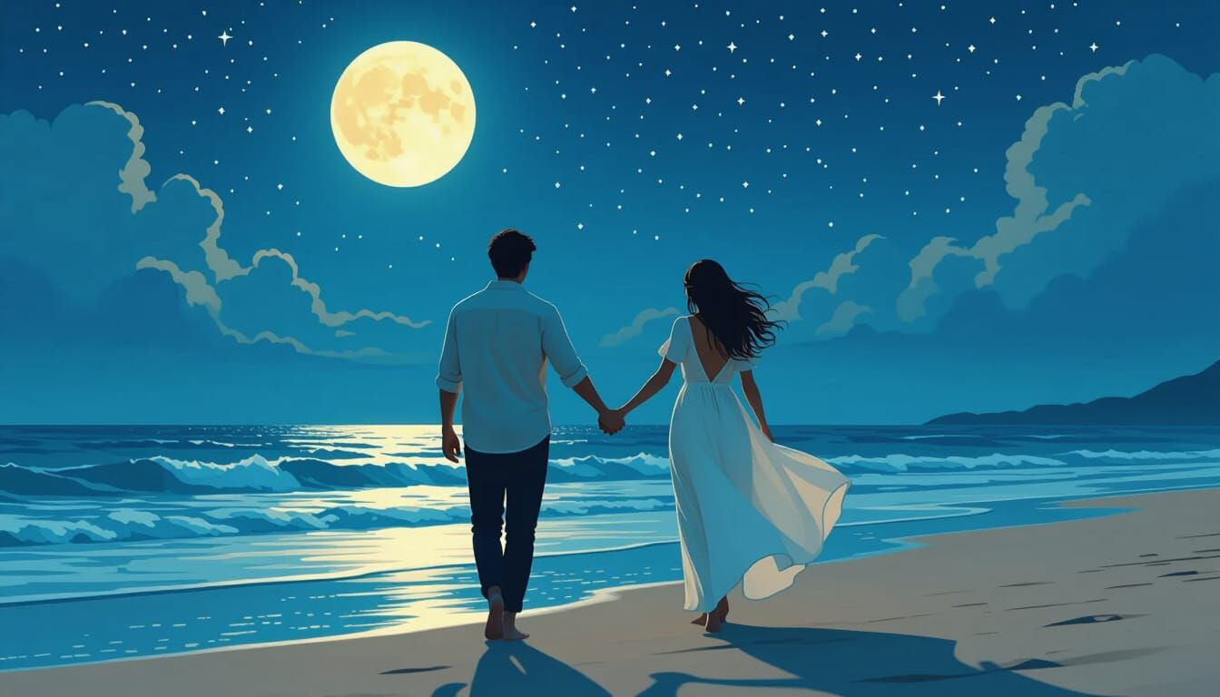 Romantic Couple on Moonlit Beach in Lofi Digital Art